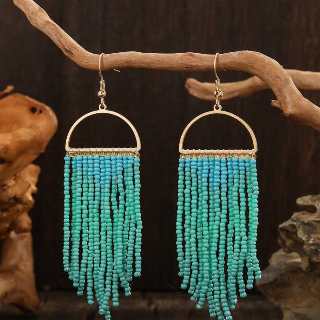 Chic Beaded Fringe Earrings In Aqua And Gold